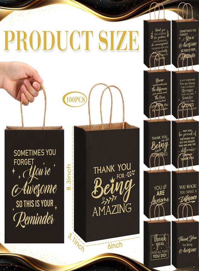Engrowtic 100 Pcs Thank You Gift Bags with Handles Bulk Kraft Paper Bag Valentines Employee Appreciation Gift for Coworker Nurse Teacher Staff Business Wedding, 8.3 x 3.1 x 6 Inch(Black) - Image 2